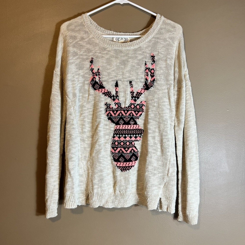 Pink Rose Women’s XL Reindeer Beige Sweater Knit